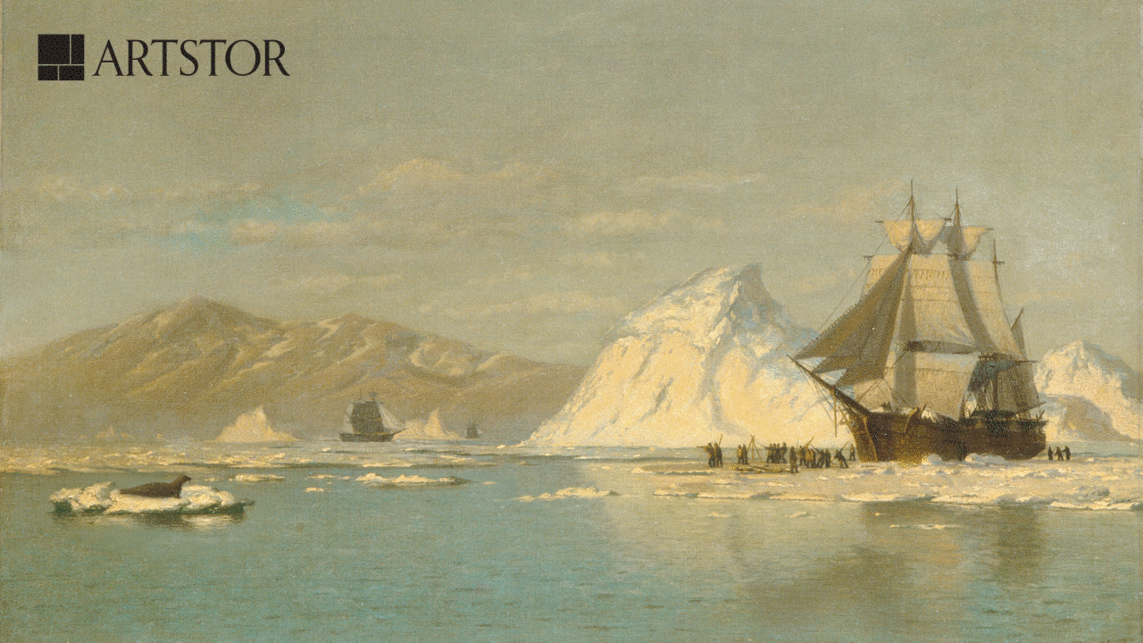 promotional gif of a painting of a Greenland whaler and melting ice caps