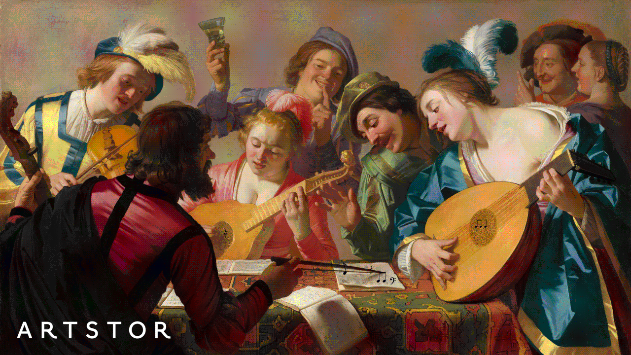 promotional gif of a medieval European painting where people are celebrating and playing lute music