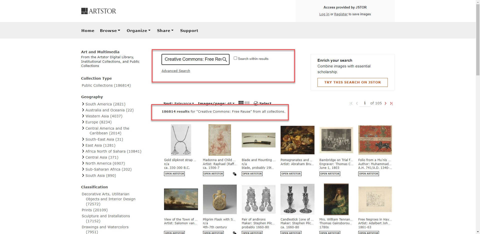 Keyword searching Artstor for Creative Commons Free Reuse images